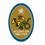 ASL symbol, braille printing, and wheelchair.