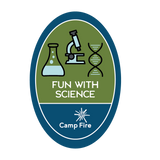 Beaker, microscope, and double helix.
