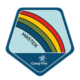Four rainbow stripes bending across the emblem diagonally.