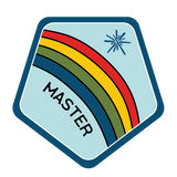 Four rainbow stripes bending across the emblem diagonally.