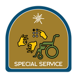 ASL Symbol, Braille reading, and wheelchair.