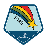 Four rainbow stripes bending across the emblem diagonally, with a star at the end.