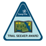 Trail map with trees, cabins, bodies of water, and dashed lines to symbolize trails.