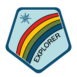 Four rainbow stripes bending across the emblem diagonally.