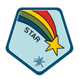 Four rainbow stripes bending across the emblem diagonally, with a star at the end.